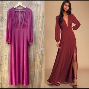 Burgundy Chiffon Long Sleeve Open Back Maxi Dress 🌿